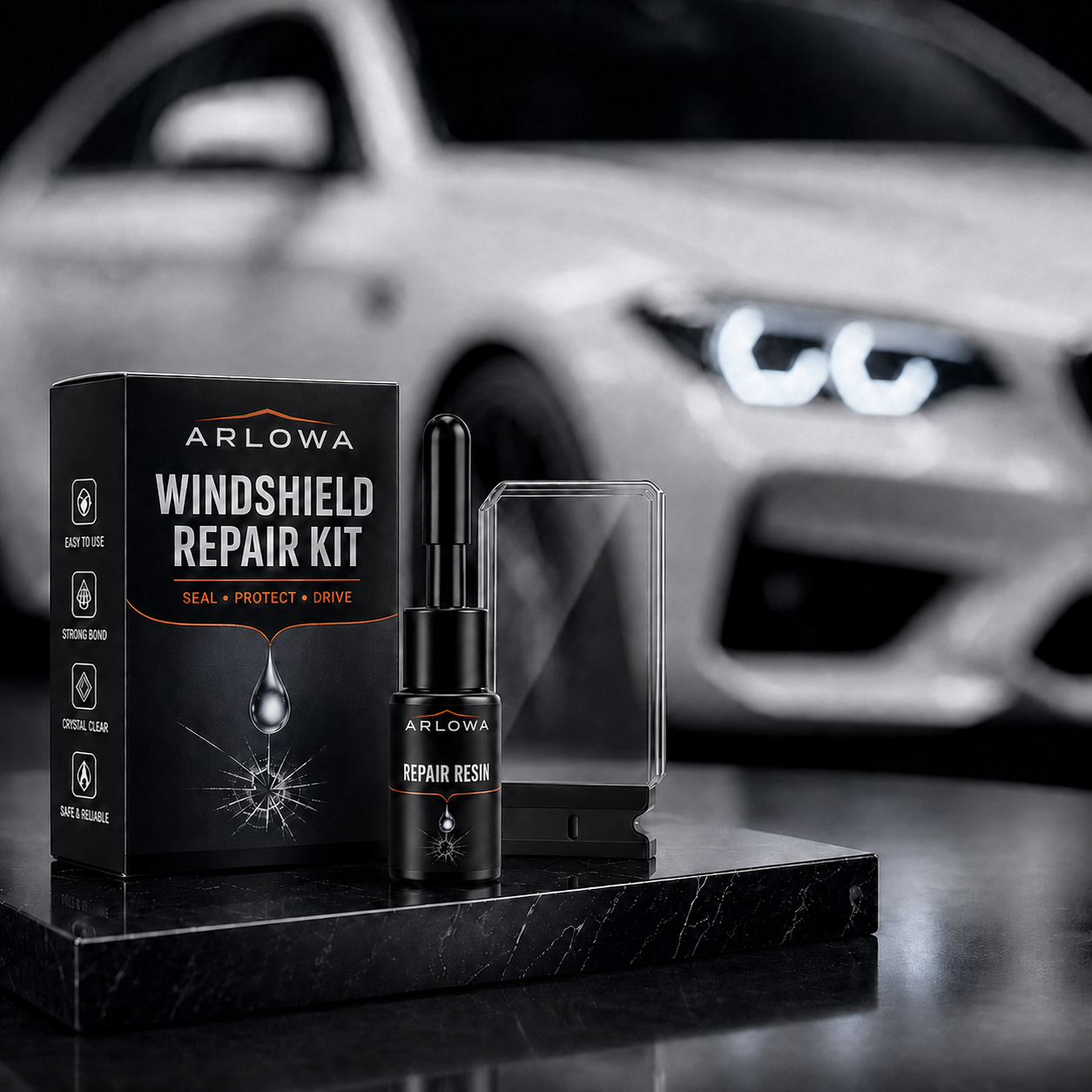 ARLOWA windshield repair kit in front of a white car