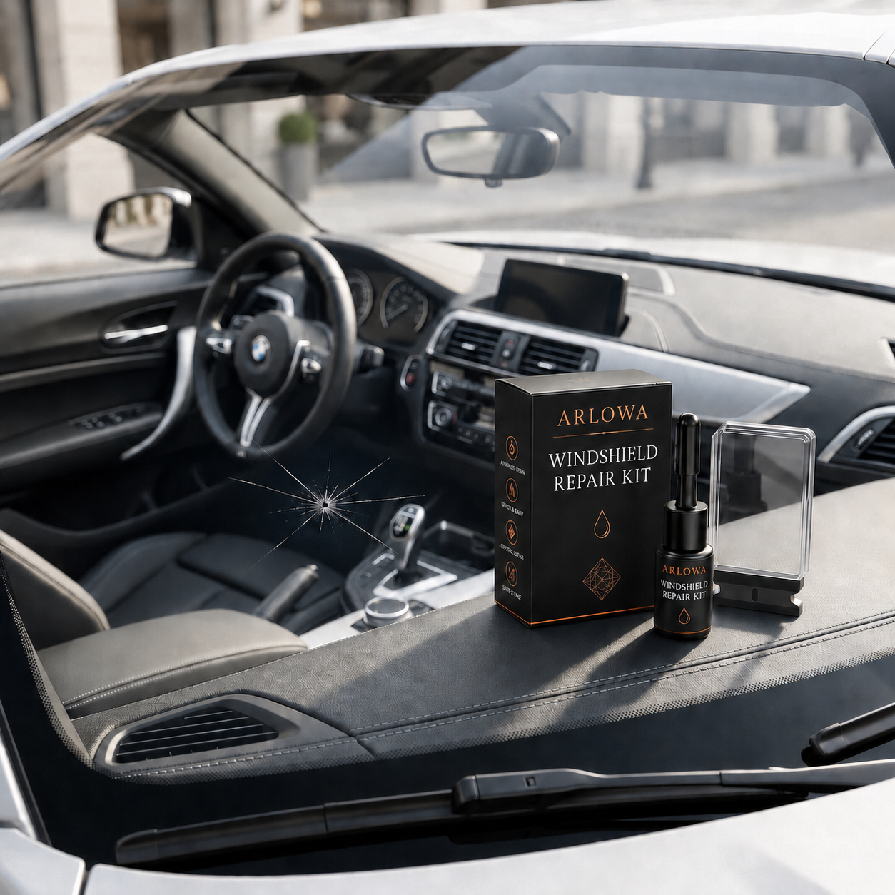 ARLOWA windshield repair kit displayed inside a vehicle